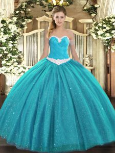 Teal Sleeveless Appliques Floor Length Quinceanera Gowns
