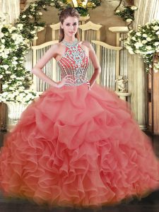 Admirable Watermelon Red Ball Gowns Halter Top Sleeveless Tulle Floor Length Lace Up Beading Quinceanera Gowns