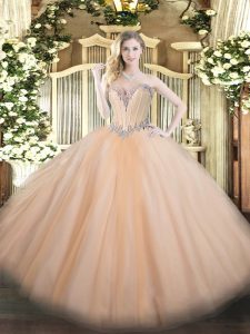 New Arrival Sleeveless Tulle Floor Length Lace Up Sweet 16 Quinceanera Dress in Peach with Beading