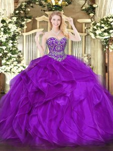 Cute Beading and Ruffles Sweet 16 Dress Eggplant Purple Lace Up Sleeveless Floor Length