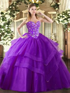 Glittering Eggplant Purple Sleeveless Embroidery and Ruffled Layers Floor Length Sweet 16 Dress