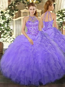Ball Gowns Quinceanera Gowns Lavender Halter Top Organza Sleeveless Floor Length Lace Up
