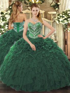 Flirting Dark Green Sweetheart Lace Up Beading and Ruffled Layers Quinceanera Gown Sleeveless