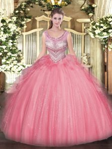 Trendy Sleeveless Tulle Floor Length Lace Up 15th Birthday Dress in Watermelon Red with Beading and Ruffles
