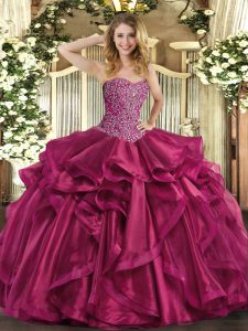 Charming Wine Red Ball Gowns Organza Sweetheart Sleeveless Beading and Ruffles Floor Length Lace Up Quince Ball Gowns