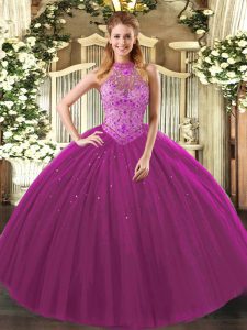 Fuchsia Ball Gowns Beading and Embroidery Quinceanera Gown Lace Up Tulle Sleeveless Floor Length