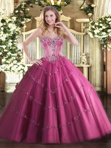 High Quality Fuchsia Tulle Lace Up Quinceanera Gown Sleeveless Floor Length Beading