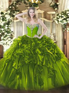 Glittering Olive Green Sweetheart Lace Up Beading and Ruffles 15th Birthday Dress Sleeveless