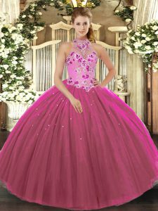 Top Selling Fuchsia Halter Top Neckline Embroidery Quinceanera Gown Sleeveless Lace Up
