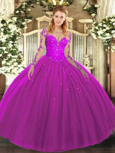Gorgeous Fuchsia Scoop Lace Up Lace Quinceanera Dress Long Sleeves