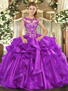 Eggplant Purple Cap Sleeves Organza Lace Up 15 Quinceanera Dress for Sweet 16 and Quinceanera