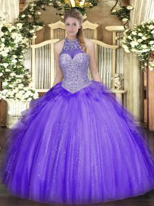 High Quality Floor Length Lavender 15th Birthday Dress Tulle Sleeveless Beading and Ruffles