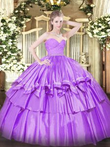 Nice Organza Sweetheart Sleeveless Zipper Beading and Lace and Ruffled Layers Ball Gown Prom Dress in Lilac