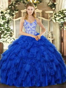 Royal Blue Ball Gowns Beading and Ruffles Sweet 16 Dresses Lace Up Organza Sleeveless Floor Length