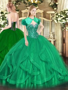Turquoise Lace Up Quince Ball Gowns Beading and Ruffles Sleeveless Floor Length