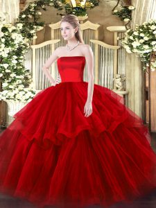 Hot Selling Wine Red Tulle Zipper Sweet 16 Quinceanera Dress Sleeveless Brush Train Ruffled Layers