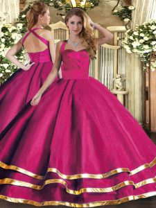 Hot Pink Tulle Lace Up Ball Gown Prom Dress Sleeveless Floor Length Ruffled Layers