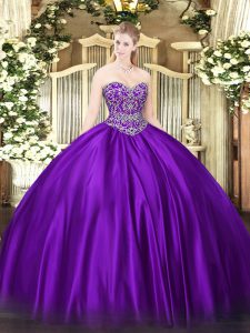 Graceful Sweetheart Sleeveless Lace Up Quinceanera Gown Purple Satin