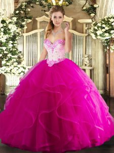 Traditional Fuchsia Tulle Lace Up 15 Quinceanera Dress Sleeveless Floor Length Beading and Ruffles