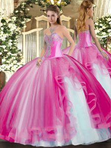 Chic Fuchsia Ball Gowns Tulle Sweetheart Sleeveless Beading and Ruffles Floor Length Lace Up Sweet 16 Quinceanera Dress