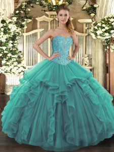 Sweetheart Sleeveless Lace Up Quince Ball Gowns Turquoise Tulle