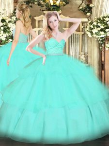 Sweetheart Sleeveless Tulle Sweet 16 Quinceanera Dress Beading and Lace and Ruffled Layers Zipper