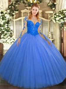 Charming Blue Quinceanera Gown Military Ball and Sweet 16 and Quinceanera with Lace Scoop Long Sleeves Lace Up