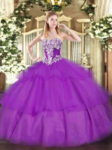 On Sale Strapless Sleeveless Sweet 16 Dresses Floor Length Beading and Ruffled Layers Purple Tulle