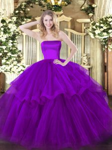Purple Zipper Strapless Ruffled Layers Sweet 16 Dresses Tulle Sleeveless Brush Train