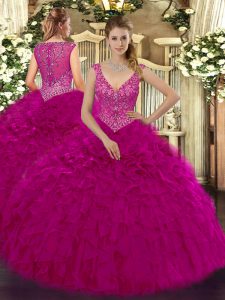 Cute V-neck Sleeveless Organza Quinceanera Gowns Beading and Ruffles Zipper