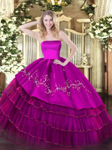 Fuchsia Sleeveless Floor Length Embroidery and Ruffled Layers Zipper 15 Quinceanera Dress