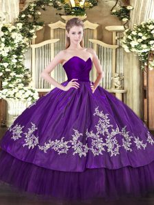 Free and Easy Purple Ball Gowns Sweetheart Sleeveless Organza and Taffeta Floor Length Zipper Embroidery Quince Ball Gowns