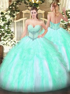 Inexpensive Sleeveless Tulle Floor Length Lace Up Sweet 16 Dress in Apple Green with Beading and Ruffles