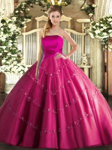 Hot Pink Sleeveless Tulle Lace Up 15 Quinceanera Dress for Military Ball and Sweet 16 and Quinceanera