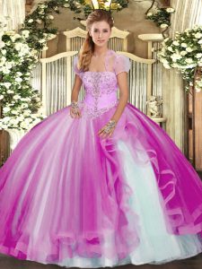 High Quality Strapless Sleeveless Sweet 16 Quinceanera Dress Floor Length Appliques and Ruffles Fuchsia Tulle
