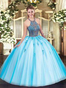 Affordable Aqua Blue Tulle Lace Up Sweet 16 Dresses Sleeveless Floor Length Beading and Appliques