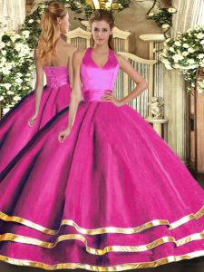 Modern Ball Gowns Quince Ball Gowns Fuchsia Halter Top Tulle Sleeveless Floor Length Lace Up