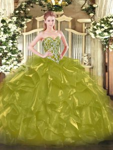 Floor Length Olive Green Vestidos de Quinceanera Organza Sleeveless Beading and Ruffles