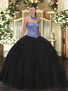 Fine Sweetheart Sleeveless Lace Up Quince Ball Gowns Black Tulle