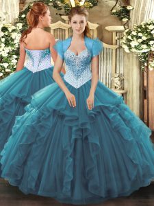 Simple Teal Sweetheart Lace Up Beading and Ruffles Quinceanera Dresses Sleeveless