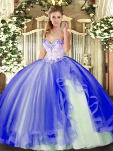 Blue Lace Up Sweet 16 Quinceanera Dress Beading and Ruffles Sleeveless Floor Length