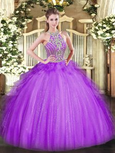 Pretty Floor Length Lavender Sweet 16 Quinceanera Dress Halter Top Sleeveless Lace Up