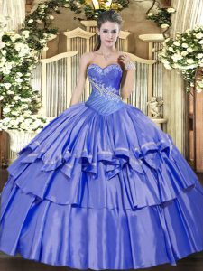 Vintage Sweetheart Sleeveless Quinceanera Gown Floor Length Beading and Ruffled Layers Blue Organza and Taffeta