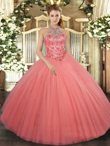 High Quality Halter Top Sleeveless 15th Birthday Dress Floor Length Beading and Embroidery Watermelon Red Tulle