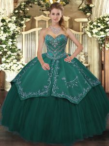 Teal Taffeta and Tulle Lace Up Quinceanera Dress Sleeveless Floor Length Beading