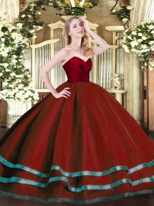 Floor Length Zipper Quinceanera Gowns Wine Red for Military Ball and Sweet 16 and Quinceanera with Ruffled Layers