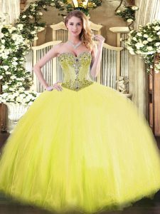 Fitting Beading Sweet 16 Dresses Yellow Lace Up Sleeveless Floor Length