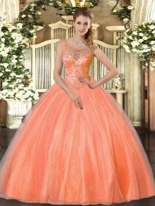 Spectacular Orange Red 15 Quinceanera Dress Sweet 16 and Quinceanera with Beading Scoop Sleeveless Lace Up
