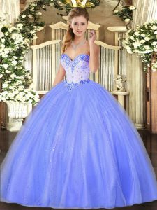 Edgy Blue Ball Gowns Beading Quinceanera Gown Lace Up Tulle Sleeveless Floor Length
