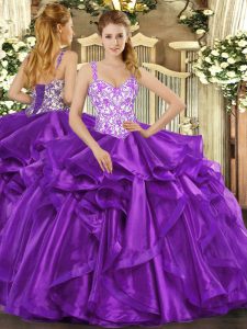 Captivating Eggplant Purple Ball Gowns Straps Sleeveless Organza Floor Length Lace Up Beading and Appliques and Ruffles Sweet 16 Dress